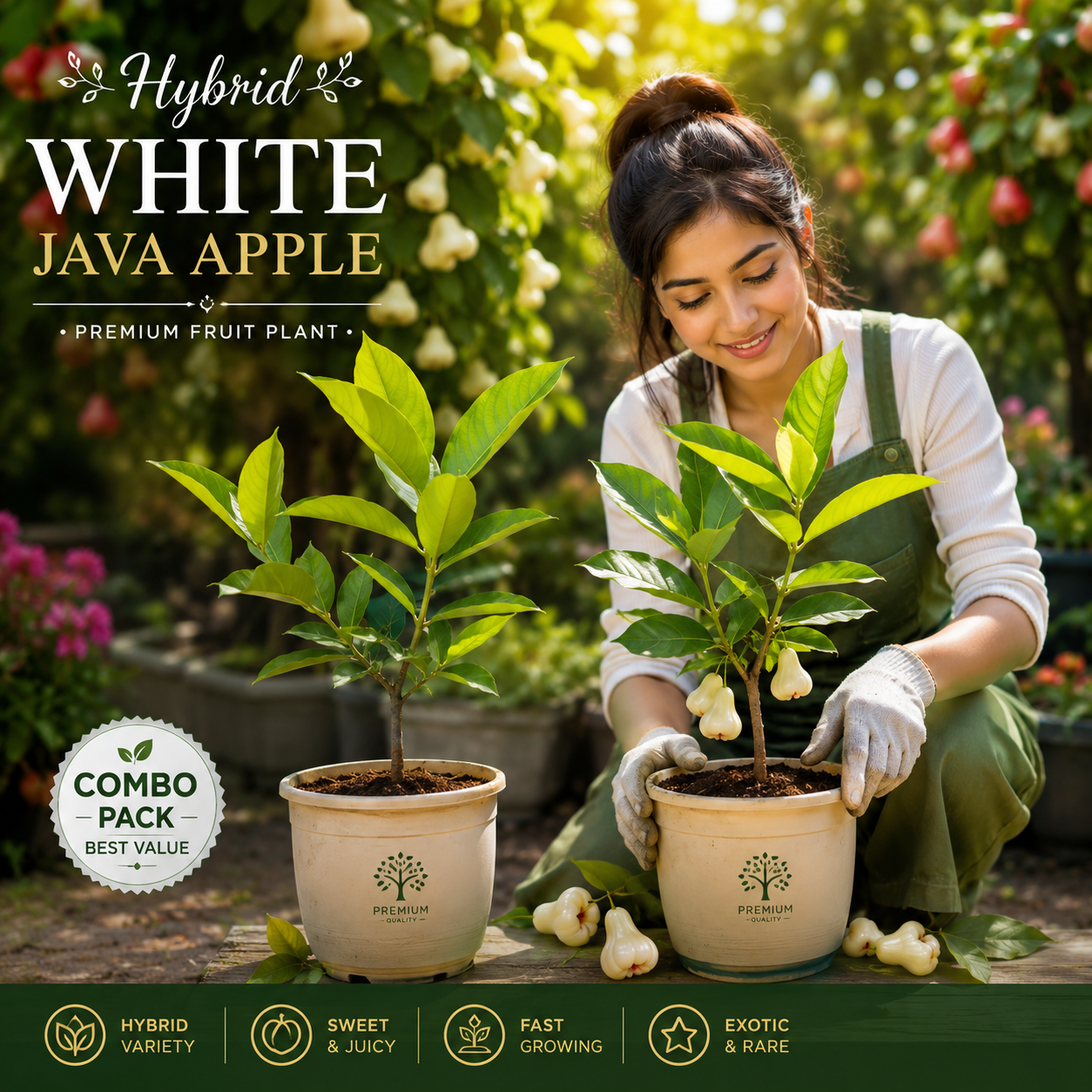 Premium Hybrid White Java Apple Live Fruit Plant (Combo Pack - 2) | Rare Sweet Wax Apple Tree | Fast Growing Exotic Variety