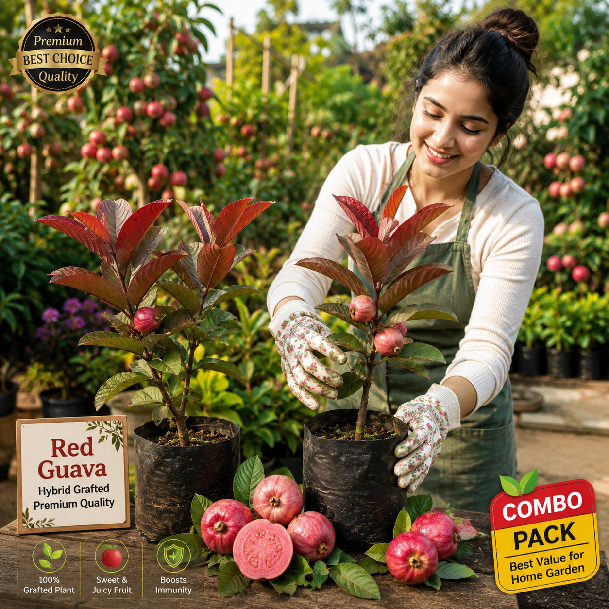 🍎 Premium Hybrid Grafted Red Guava Live Fruit Plant Combo Pack (1+1) | Sweet Red Flesh Variety | Fast Fruiting | Home Garden Special