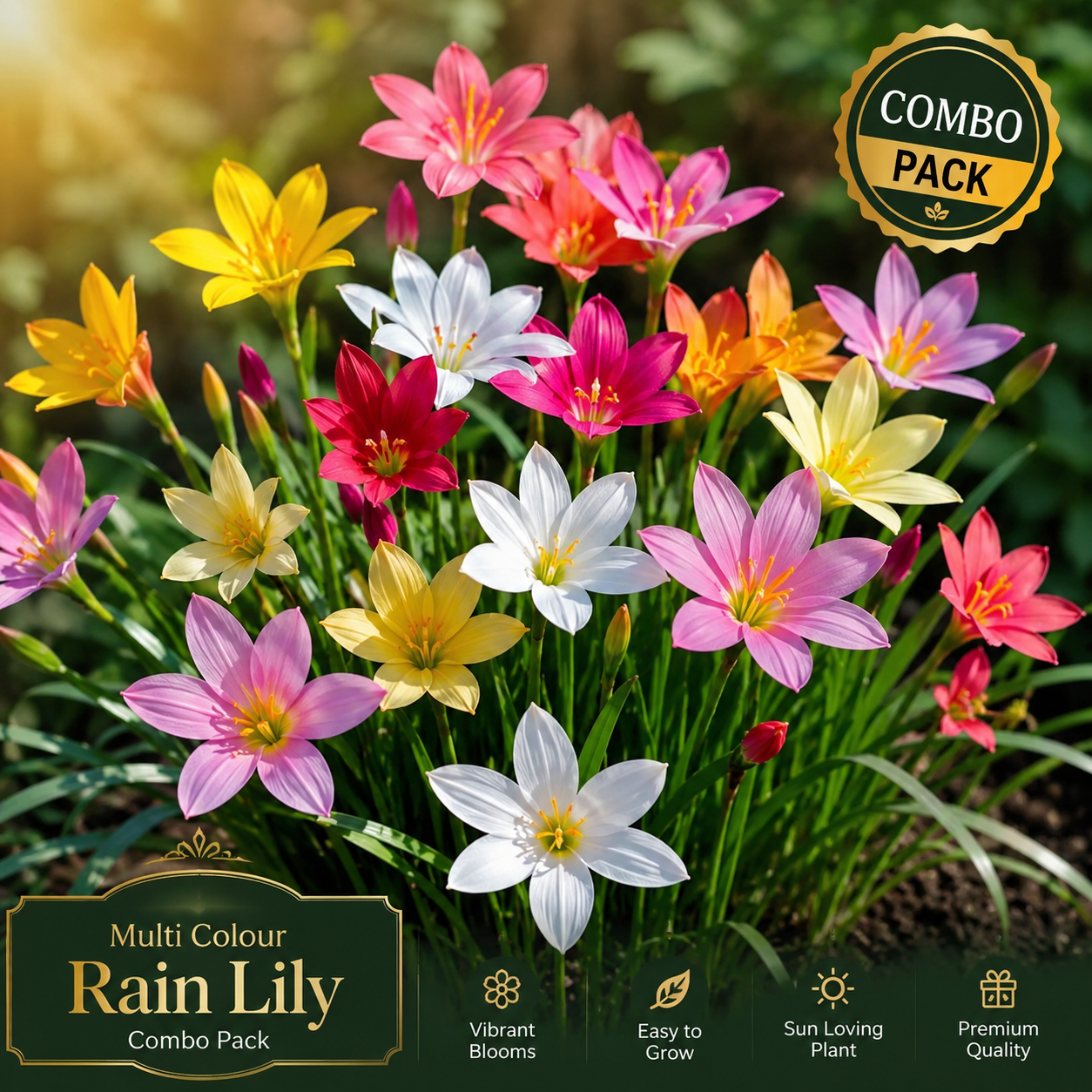 Ultimate Rare Flower Bulb Combo Pack – Aztec Lily, Nargis Daffodil, Rain Lily, Curcuma Lily & Cymbidium Orchid (5 Exotic Varieties)